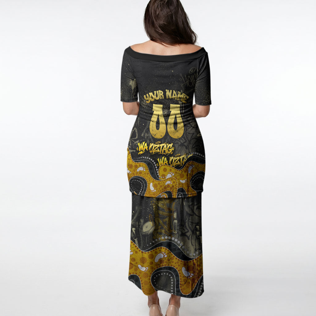 Personalised Western Australia Oztag Swan Puletasi Black Gold Graffiti Aboriginal Dot Pattern