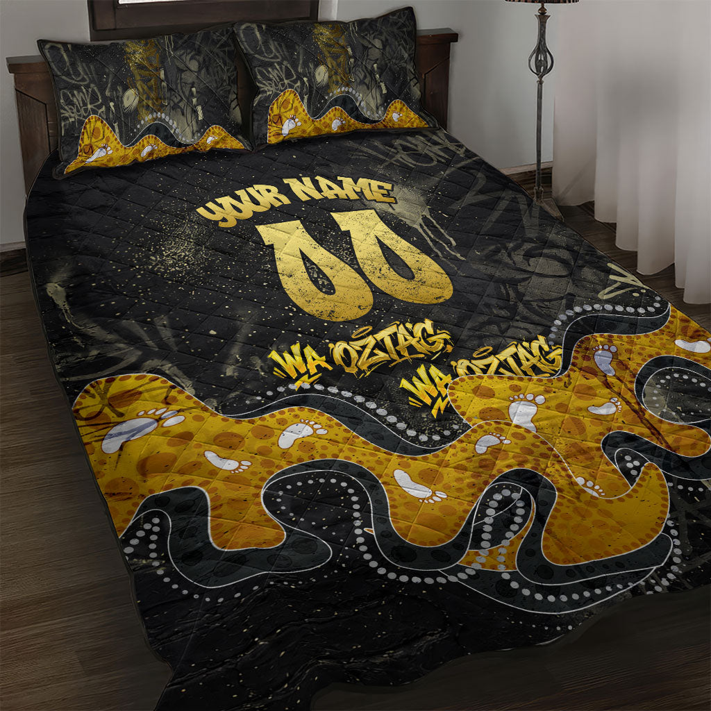 Personalised Western Australia Oztag Swan Quilt Bed Set Black Gold Graffiti Aboriginal Dot Pattern