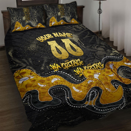 Personalised Western Australia Oztag Swan Quilt Bed Set Black Gold Graffiti Aboriginal Dot Pattern