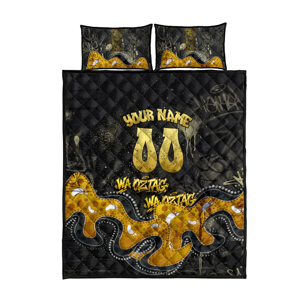 Personalised Western Australia Oztag Swan Quilt Bed Set Black Gold Graffiti Aboriginal Dot Pattern