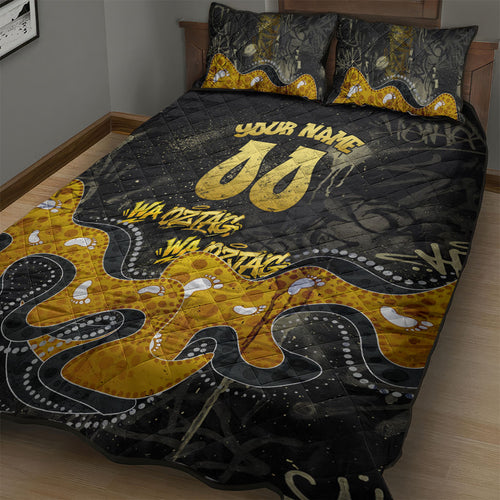 Personalised Western Australia Oztag Swan Quilt Bed Set Black Gold Graffiti Aboriginal Dot Pattern