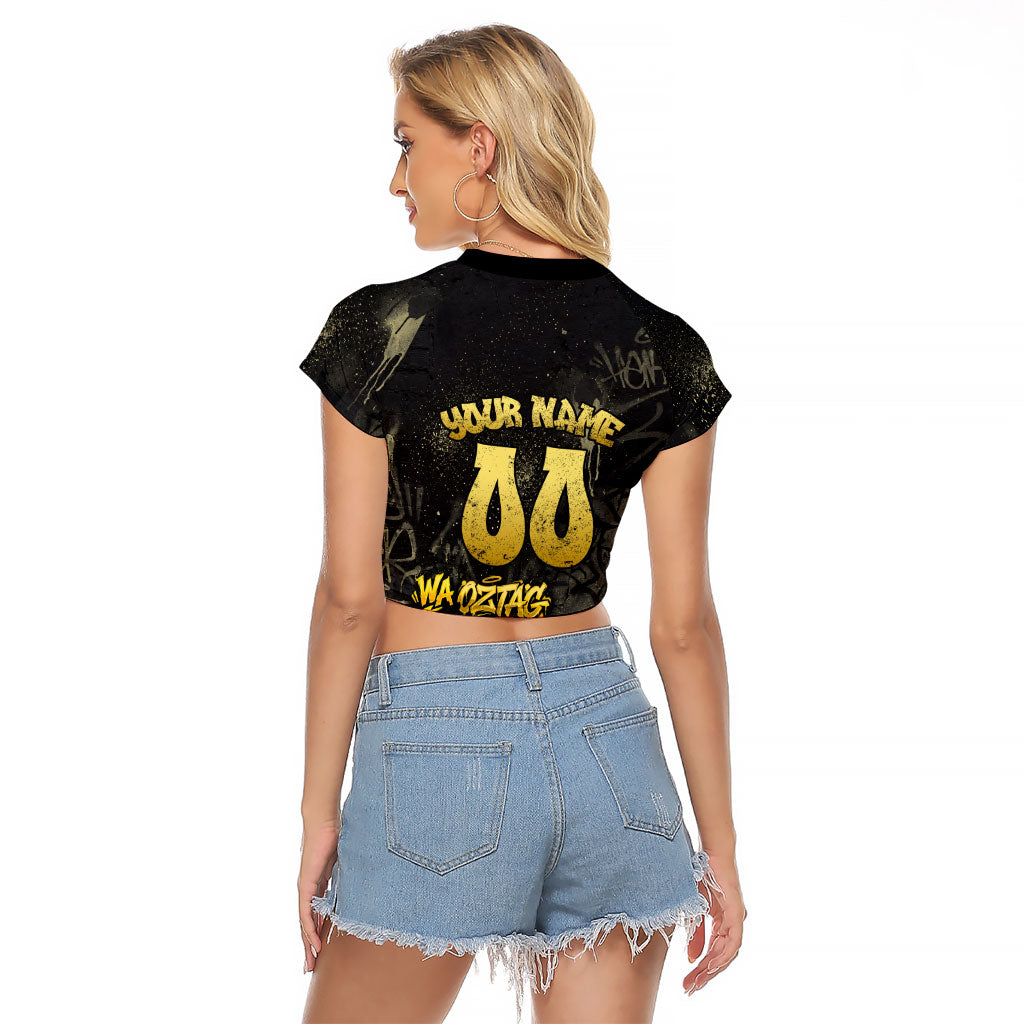 Personalised Western Australia Oztag Swan Raglan Cropped T Shirt Black Gold Graffiti Aboriginal Dot Pattern