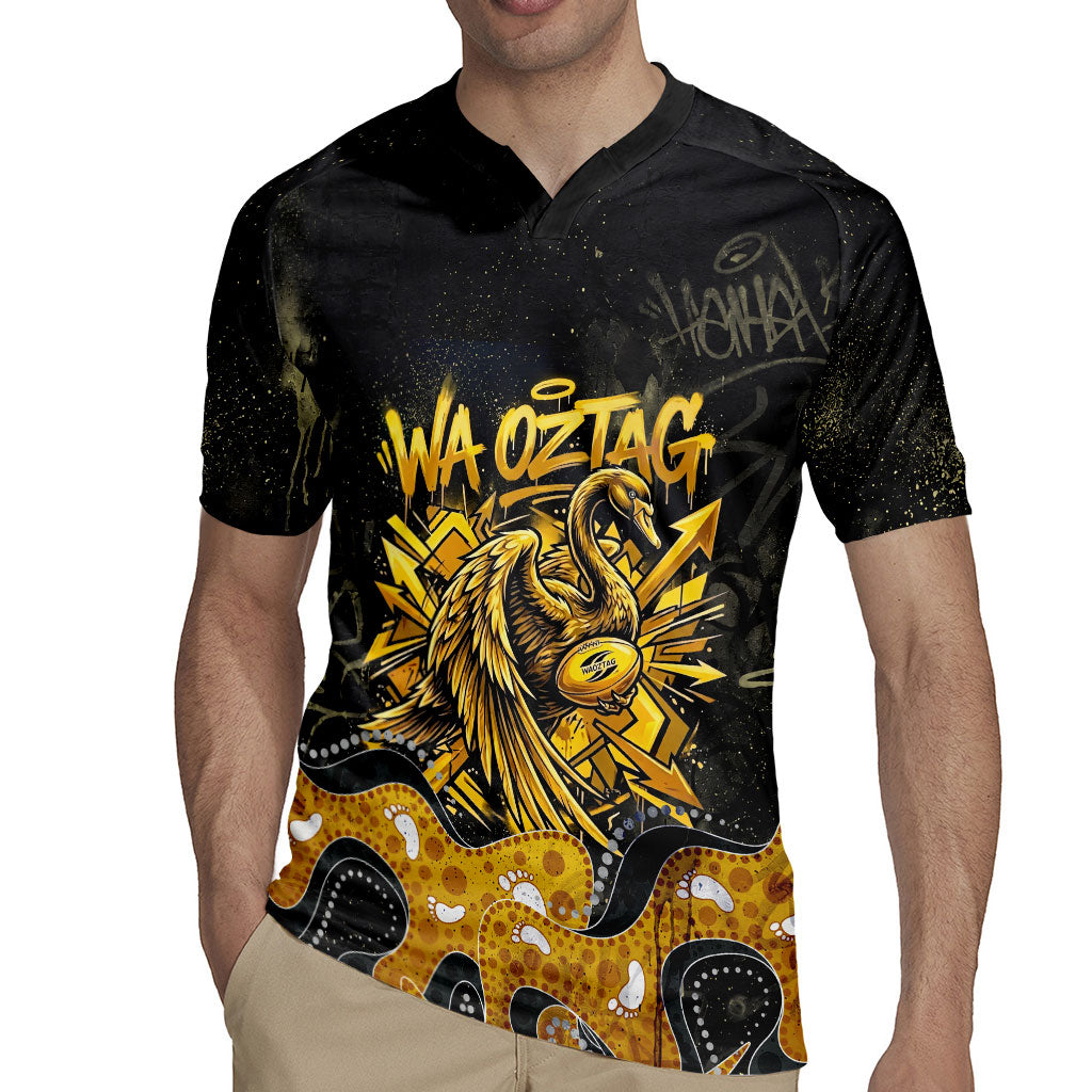 Personalised Western Australia Oztag Swan Rugby Jersey Black Gold Graffiti Aboriginal Dot Pattern