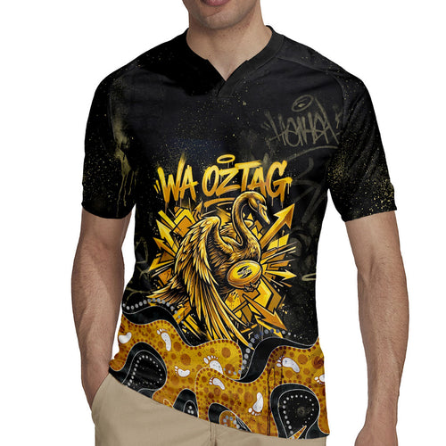 Personalised Western Australia Oztag Swan Rugby Jersey Black Gold Graffiti Aboriginal Dot Pattern