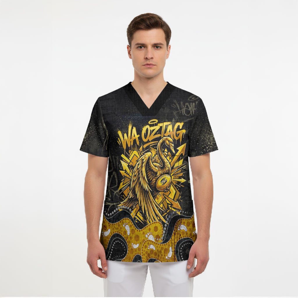 Personalised Western Australia Oztag Swan Scrub Top Black Gold Graffiti Aboriginal Dot Pattern
