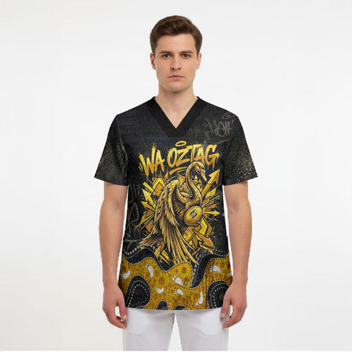 Personalised Western Australia Oztag Swan Scrub Top Black Gold Graffiti Aboriginal Dot Pattern
