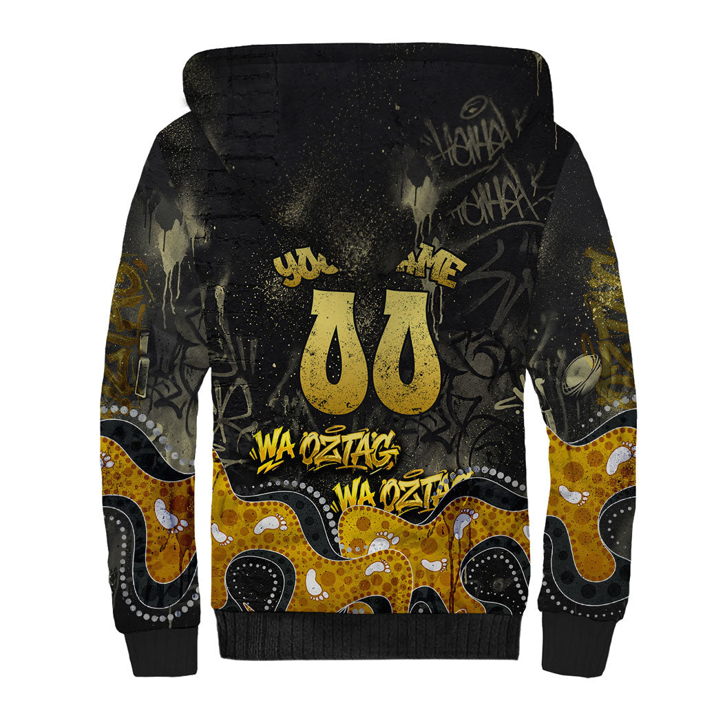 Personalised Western Australia Oztag Swan Sherpa Hoodie Black Gold Graffiti Aboriginal Dot Pattern