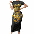 Personalised Western Australia Oztag Swan Short Sleeve Bodycon Dress Black Gold Graffiti Aboriginal Dot Pattern