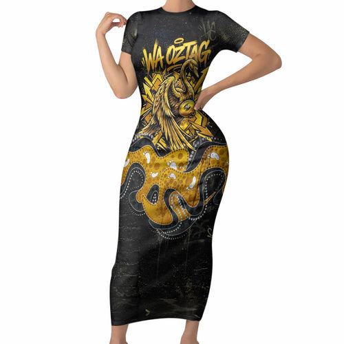 Personalised Western Australia Oztag Swan Short Sleeve Bodycon Dress Black Gold Graffiti Aboriginal Dot Pattern