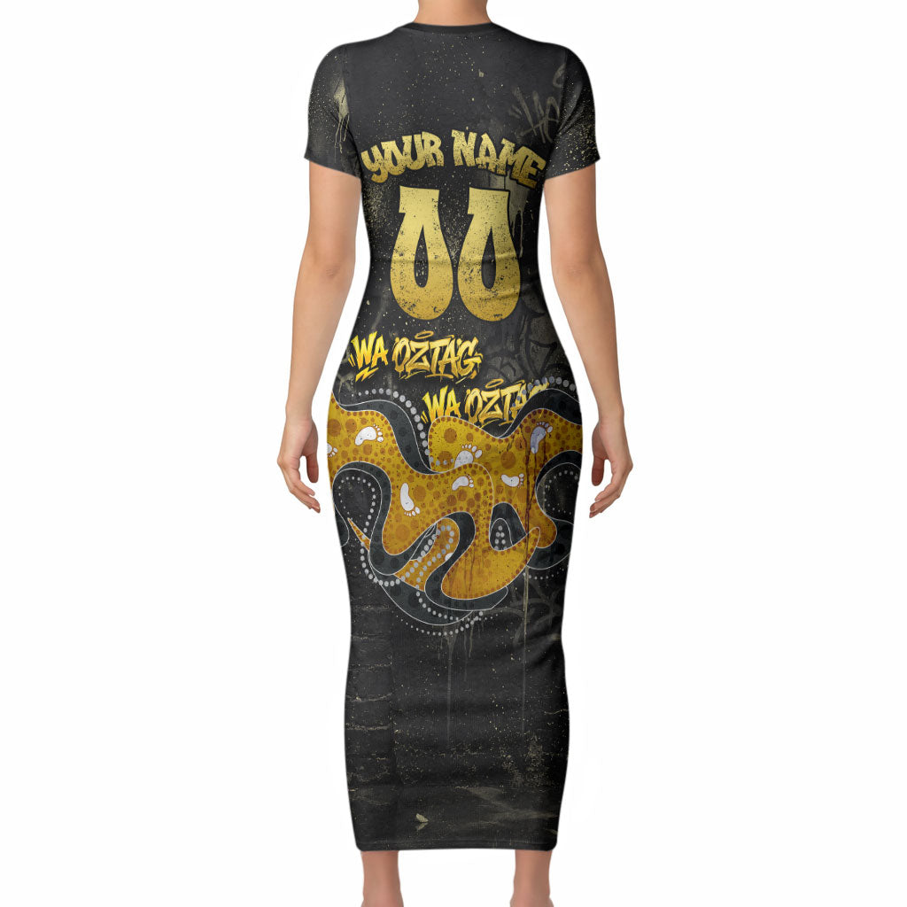Personalised Western Australia Oztag Swan Short Sleeve Bodycon Dress Black Gold Graffiti Aboriginal Dot Pattern