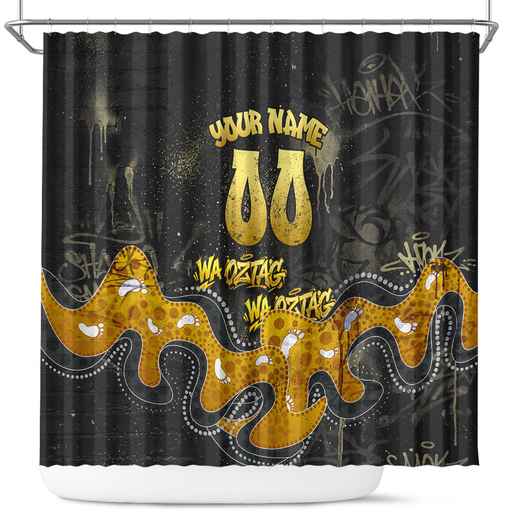 Personalised Western Australia Oztag Swan Shower Curtain Black Gold Graffiti Aboriginal Dot Pattern