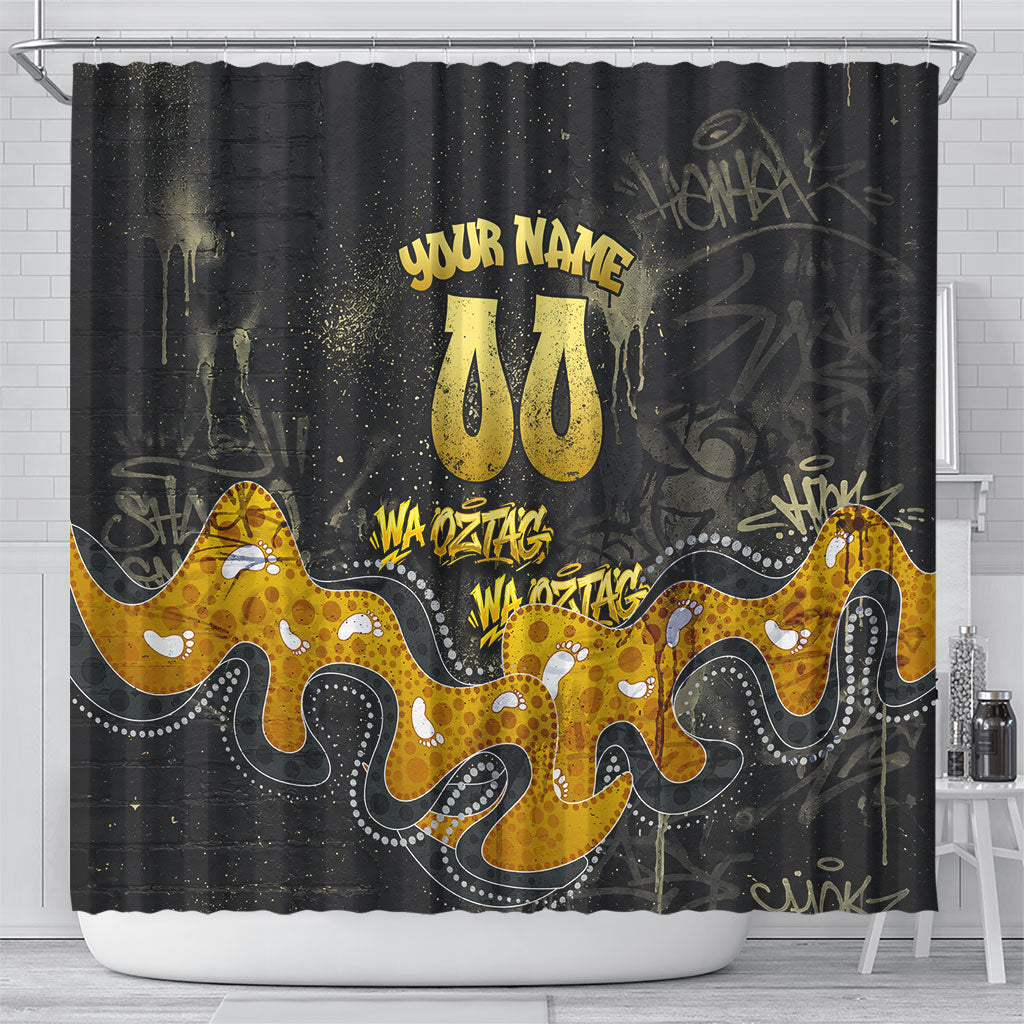 Personalised Western Australia Oztag Swan Shower Curtain Black Gold Graffiti Aboriginal Dot Pattern