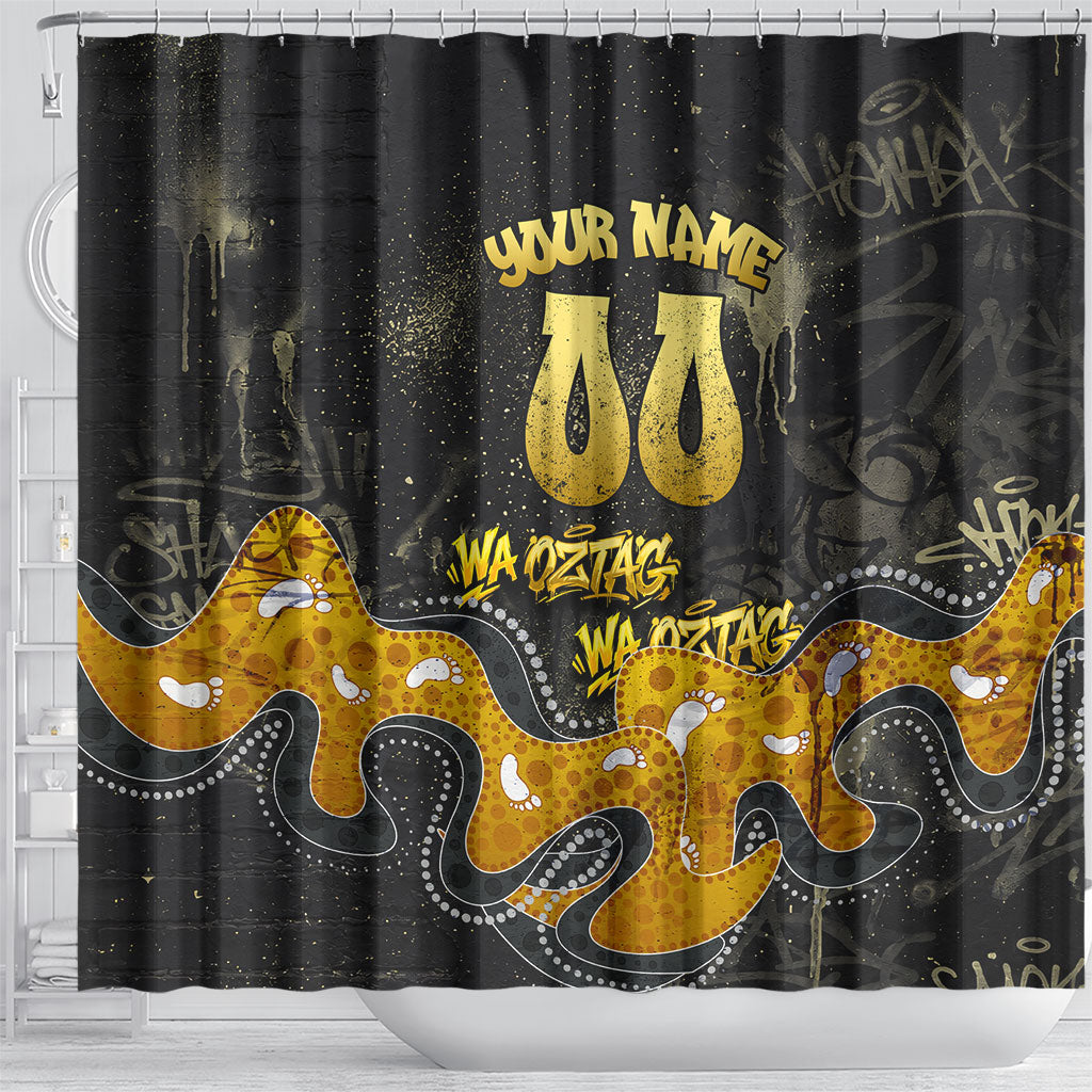 Personalised Western Australia Oztag Swan Shower Curtain Black Gold Graffiti Aboriginal Dot Pattern