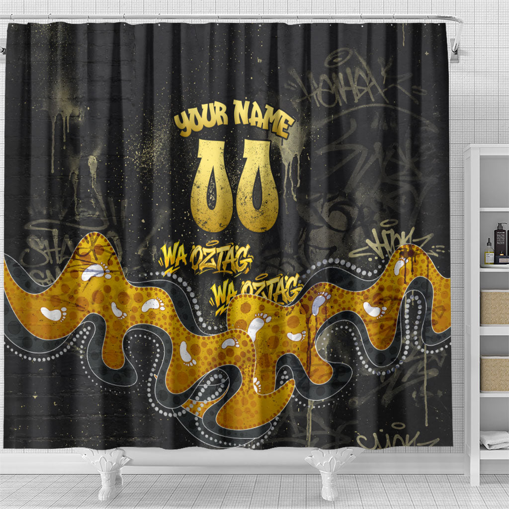 Personalised Western Australia Oztag Swan Shower Curtain Black Gold Graffiti Aboriginal Dot Pattern