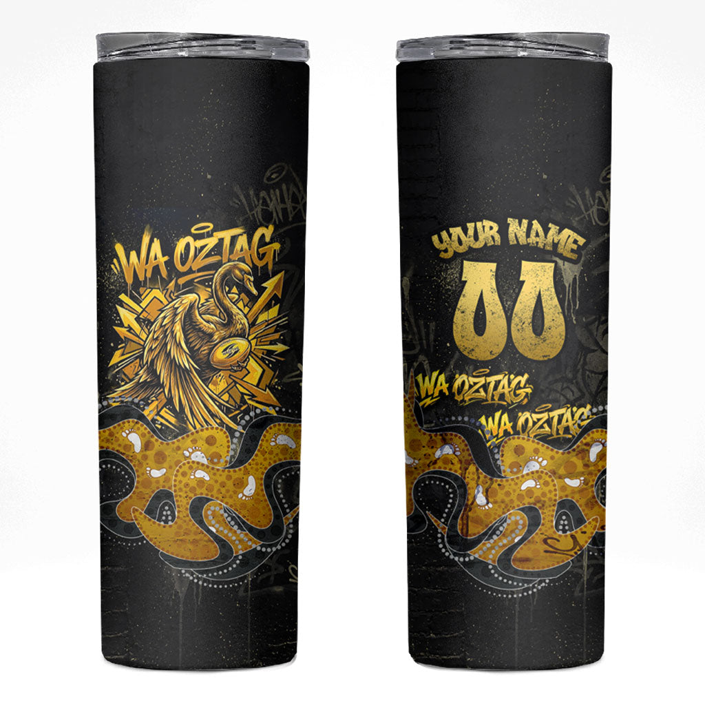 Personalised Western Australia Oztag Swan Skinny Tumbler Black Gold Graffiti Aboriginal Dot Pattern
