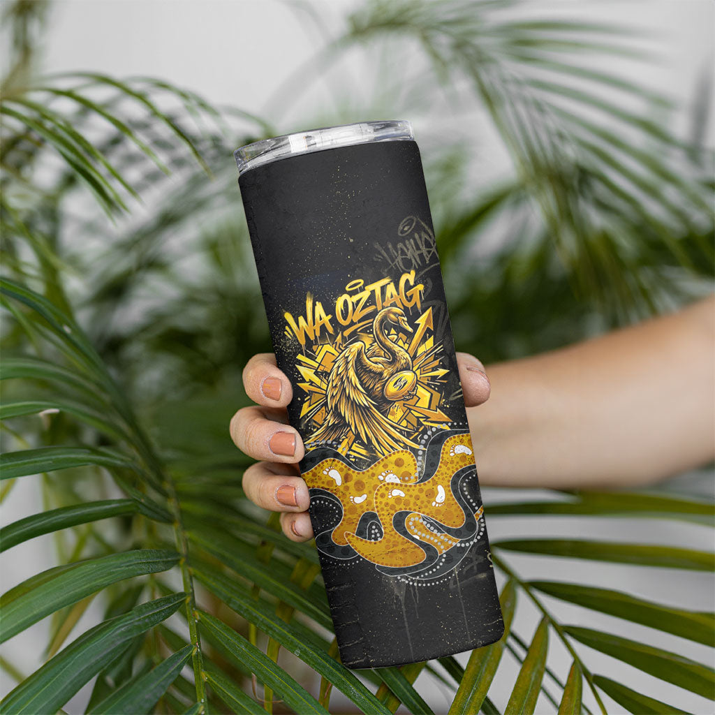 Personalised Western Australia Oztag Swan Skinny Tumbler Black Gold Graffiti Aboriginal Dot Pattern