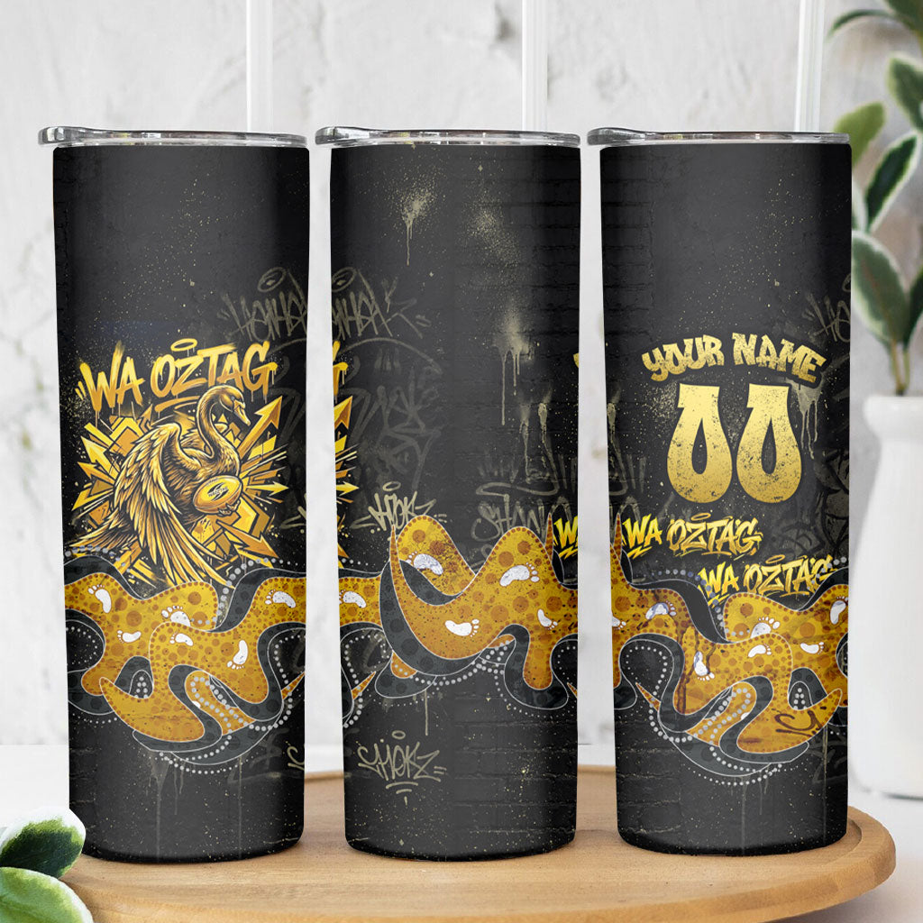 Personalised Western Australia Oztag Swan Skinny Tumbler Black Gold Graffiti Aboriginal Dot Pattern