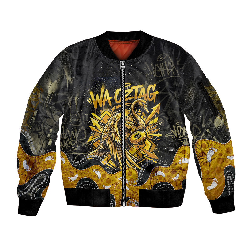 Personalised Western Australia Oztag Swan Sleeve Zip Bomber Jacket Black Gold Graffiti Aboriginal Dot Pattern