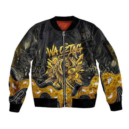 Personalised Western Australia Oztag Swan Sleeve Zip Bomber Jacket Black Gold Graffiti Aboriginal Dot Pattern