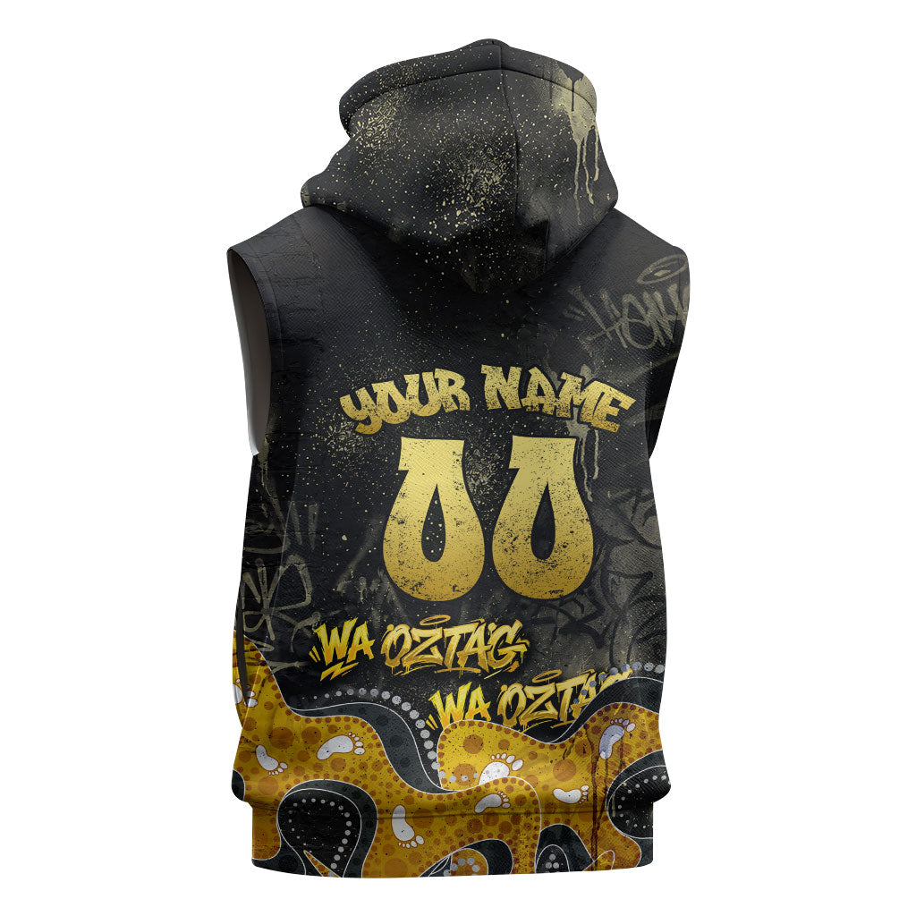 Personalised Western Australia Oztag Swan Sleeveless Hoodie Black Gold Graffiti Aboriginal Dot Pattern