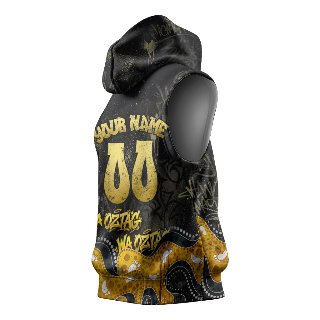 Personalised Western Australia Oztag Swan Sleeveless Hoodie Black Gold Graffiti Aboriginal Dot Pattern