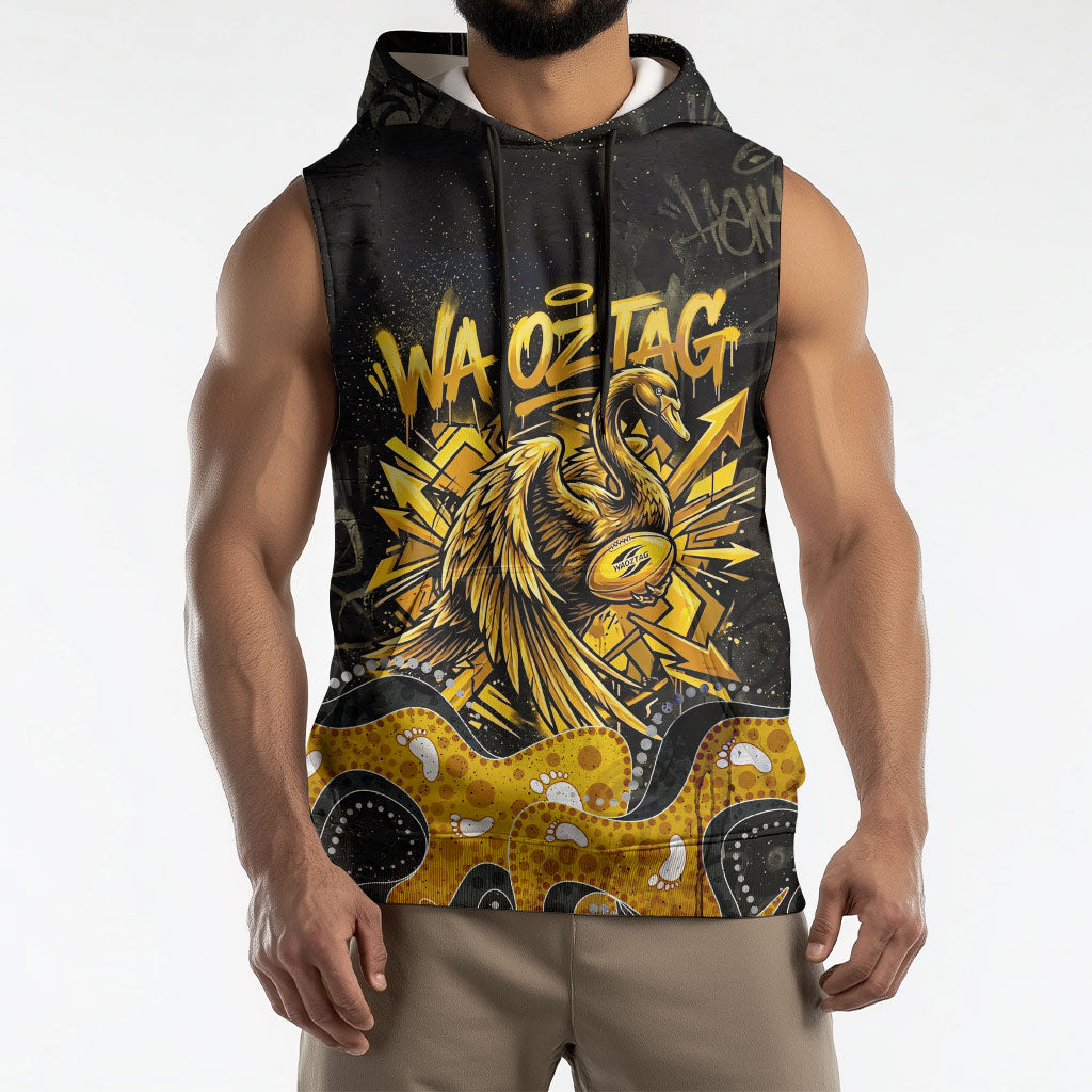 Personalised Western Australia Oztag Swan Sleeveless Hoodie Black Gold Graffiti Aboriginal Dot Pattern