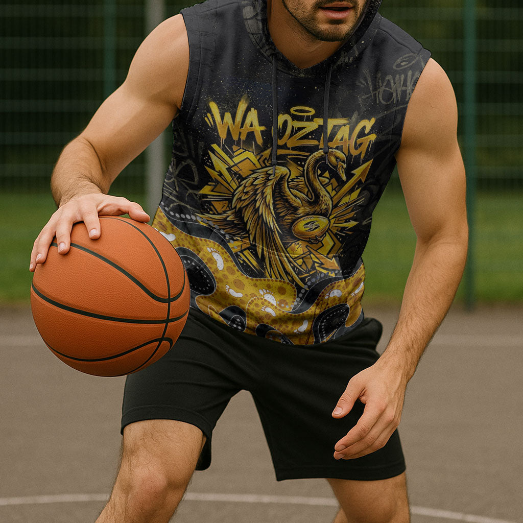 Personalised Western Australia Oztag Swan Sleeveless Hoodie Black Gold Graffiti Aboriginal Dot Pattern