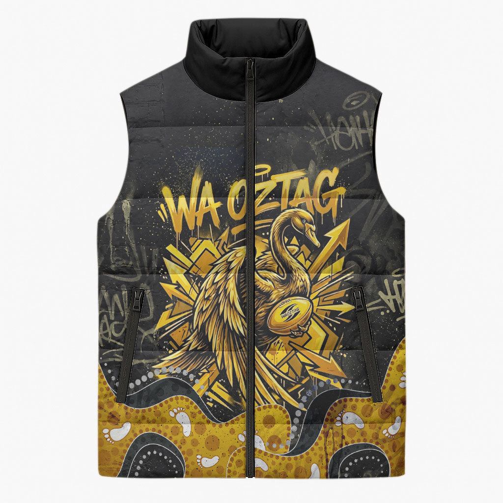 Personalised Western Australia Oztag Swan Sleeveless Puffer Jacket Black Gold Graffiti Aboriginal Dot Pattern