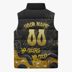 Personalised Western Australia Oztag Swan Sleeveless Puffer Jacket Black Gold Graffiti Aboriginal Dot Pattern