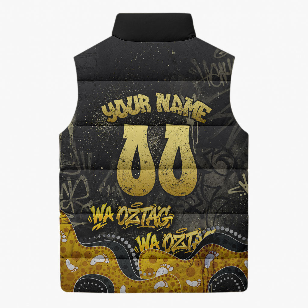 Personalised Western Australia Oztag Swan Sleeveless Puffer Jacket Black Gold Graffiti Aboriginal Dot Pattern