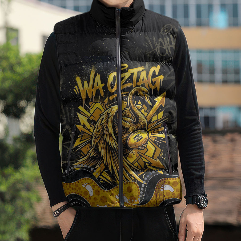 Personalised Western Australia Oztag Swan Sleeveless Puffer Jacket Black Gold Graffiti Aboriginal Dot Pattern