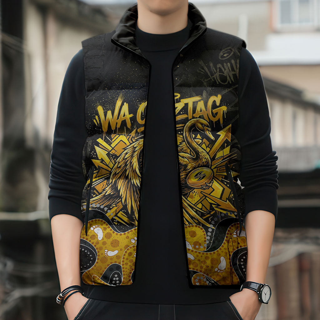 Personalised Western Australia Oztag Swan Sleeveless Puffer Jacket Black Gold Graffiti Aboriginal Dot Pattern