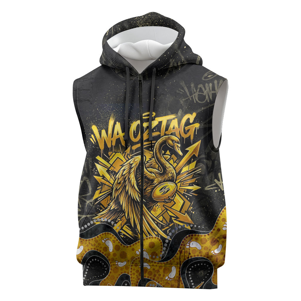 Personalised Western Australia Oztag Swan Sleeveless Zip Hoodie Black Gold Graffiti Aboriginal Dot Pattern