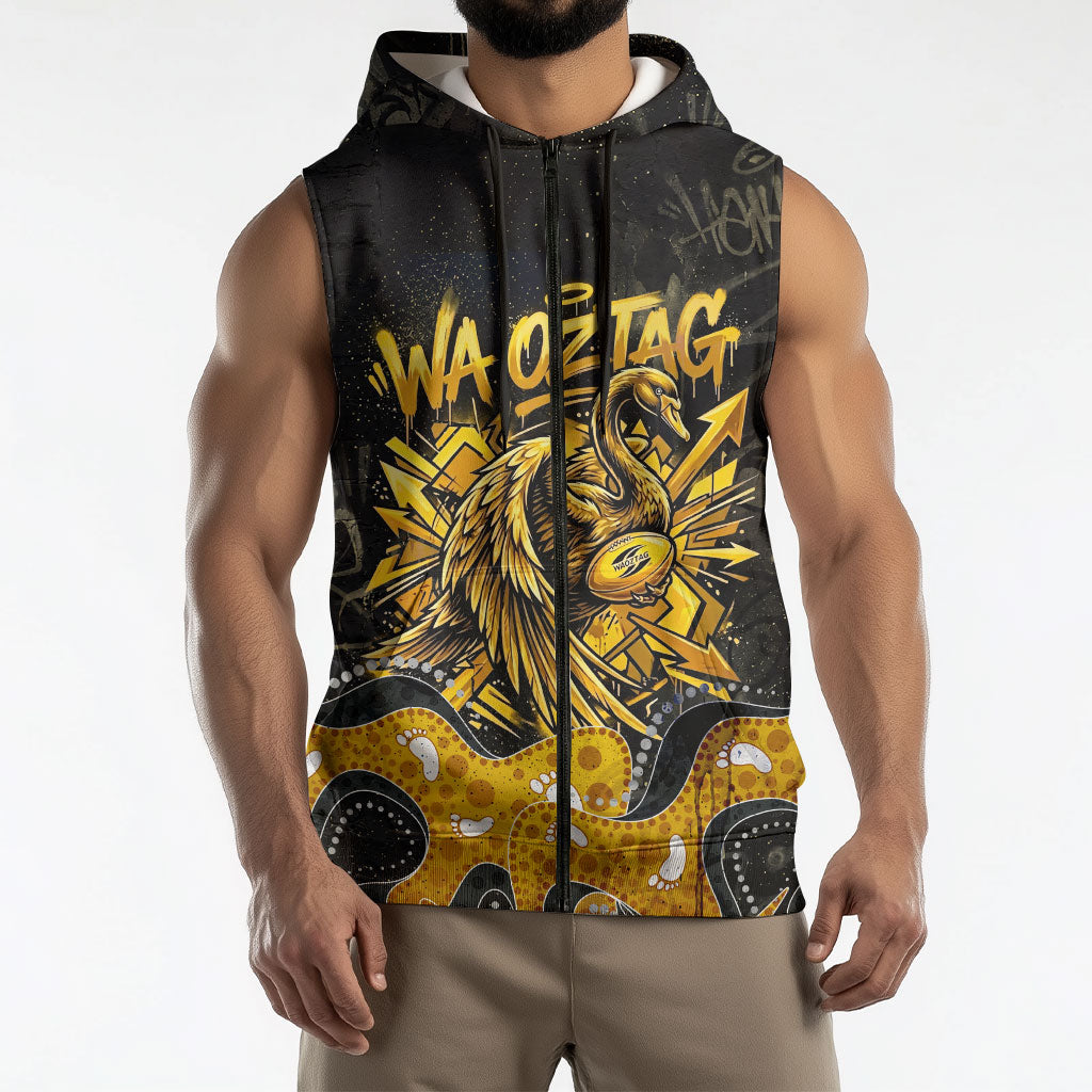 Personalised Western Australia Oztag Swan Sleeveless Zip Hoodie Black Gold Graffiti Aboriginal Dot Pattern