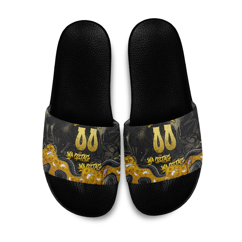 Personalised Western Australia Oztag Swan Slide Sandals Black Gold Graffiti Aboriginal Dot Pattern