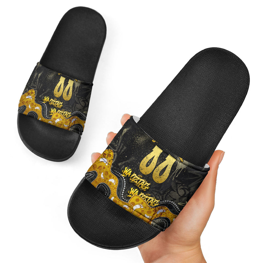 Personalised Western Australia Oztag Swan Slide Sandals Black Gold Graffiti Aboriginal Dot Pattern
