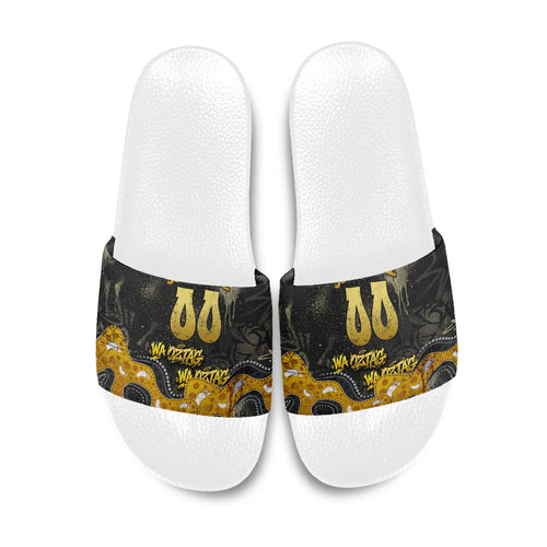 Personalised Western Australia Oztag Swan Slide Sandals Black Gold Graffiti Aboriginal Dot Pattern