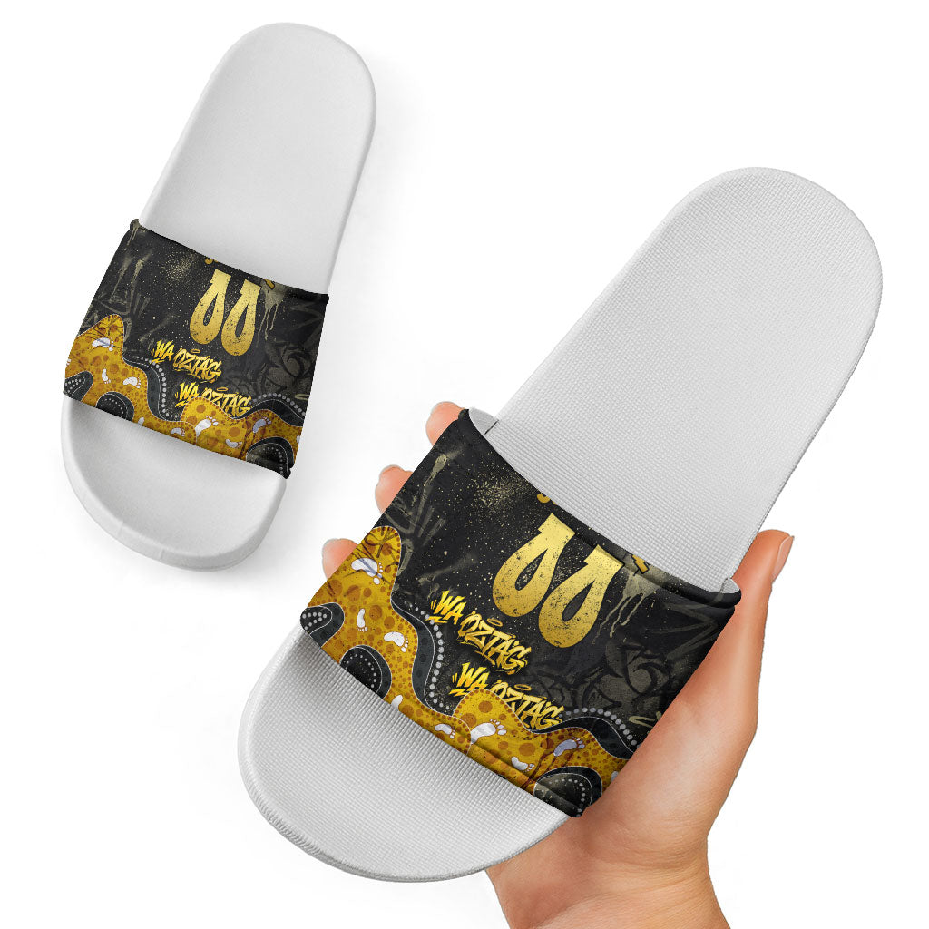 Personalised Western Australia Oztag Swan Slide Sandals Black Gold Graffiti Aboriginal Dot Pattern
