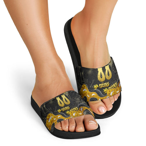 Personalised Western Australia Oztag Swan Slide Sandals Black Gold Graffiti Aboriginal Dot Pattern