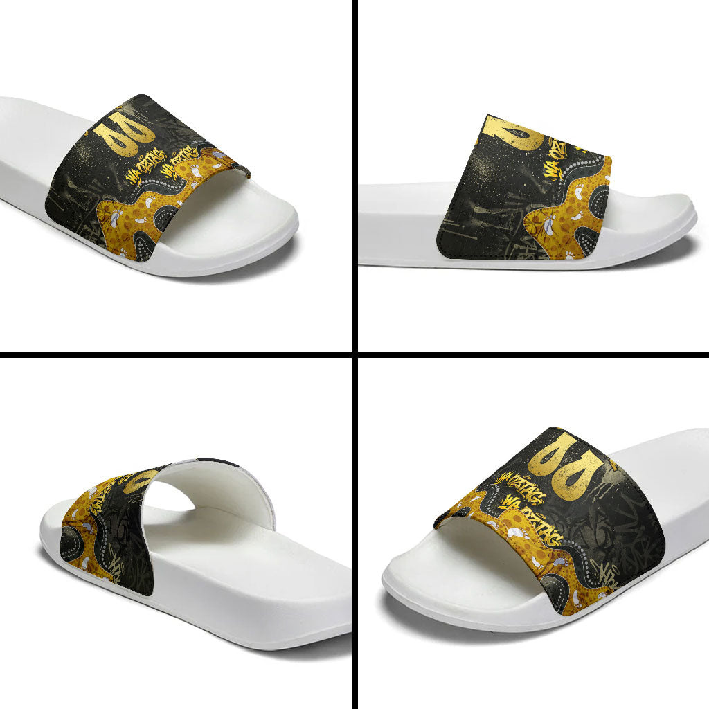 Personalised Western Australia Oztag Swan Slide Sandals Black Gold Graffiti Aboriginal Dot Pattern