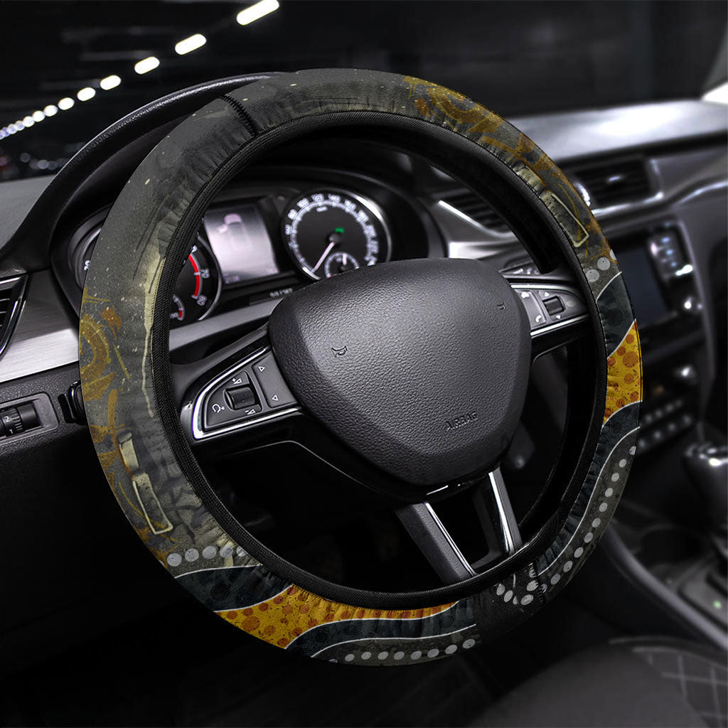 Western Australia Oztag Swan Steering Wheel Cover Black Gold Graffiti Aboriginal Dot Pattern
