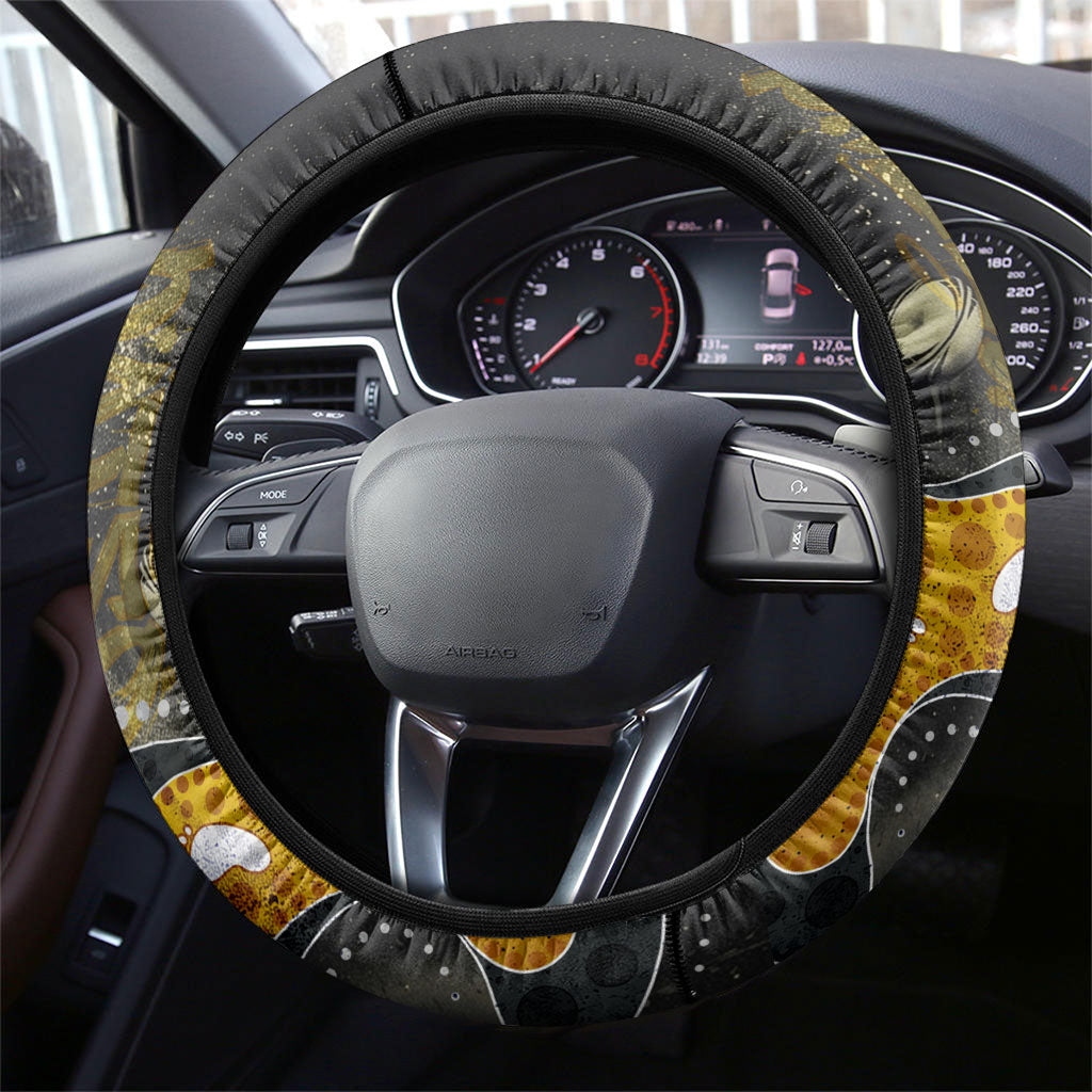 Western Australia Oztag Swan Steering Wheel Cover Black Gold Graffiti Aboriginal Dot Pattern