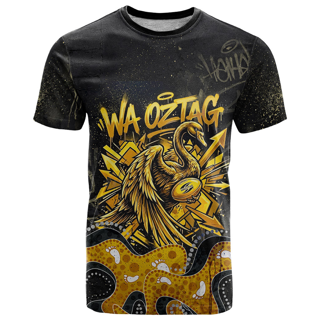 Personalised Western Australia Oztag Swan T Shirt Black Gold Graffiti Aboriginal Dot Pattern