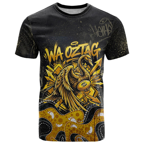 Personalised Western Australia Oztag Swan T Shirt Black Gold Graffiti Aboriginal Dot Pattern