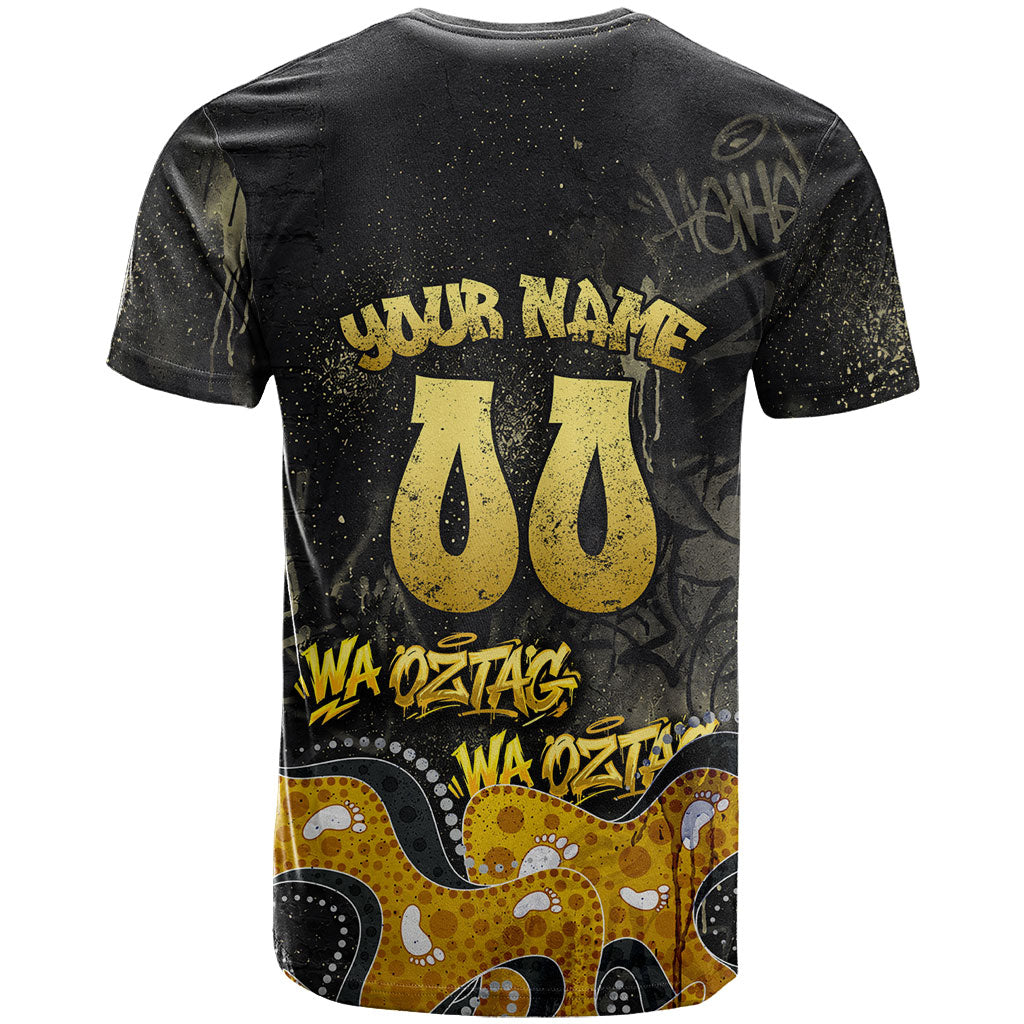 Personalised Western Australia Oztag Swan T Shirt Black Gold Graffiti Aboriginal Dot Pattern