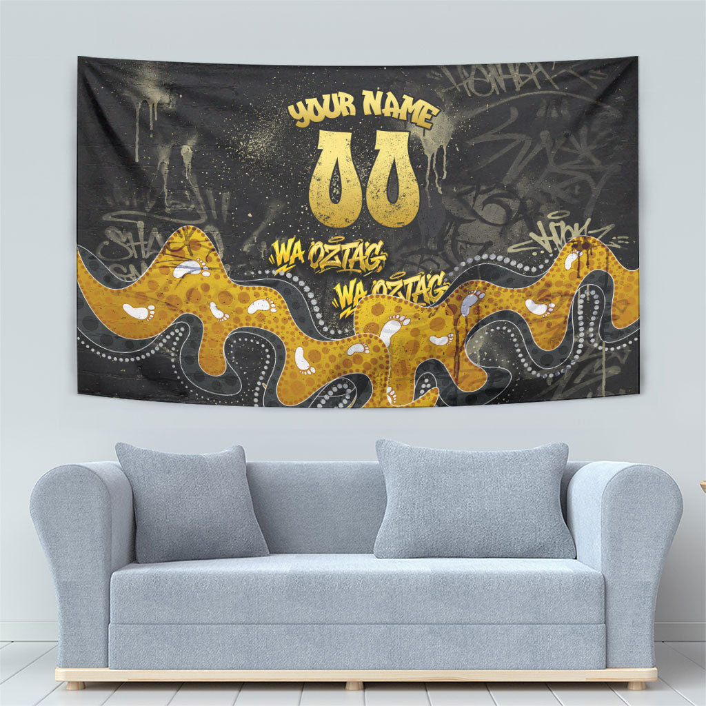Personalised Western Australia Oztag Swan Tapestry Black Gold Graffiti Aboriginal Dot Pattern