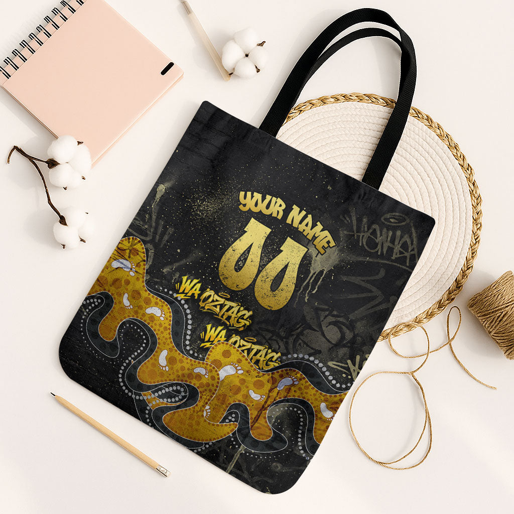 Personalised Western Australia Oztag Swan Tote Bag Black Gold Graffiti Aboriginal Dot Pattern