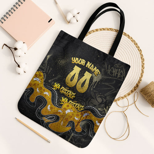Personalised Western Australia Oztag Swan Tote Bag Black Gold Graffiti Aboriginal Dot Pattern