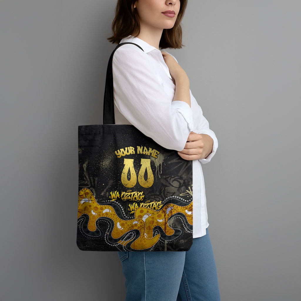 Personalised Western Australia Oztag Swan Tote Bag Black Gold Graffiti Aboriginal Dot Pattern