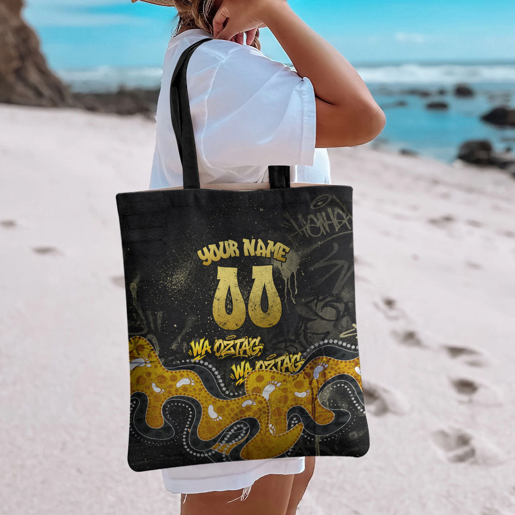Personalised Western Australia Oztag Swan Tote Bag Black Gold Graffiti Aboriginal Dot Pattern